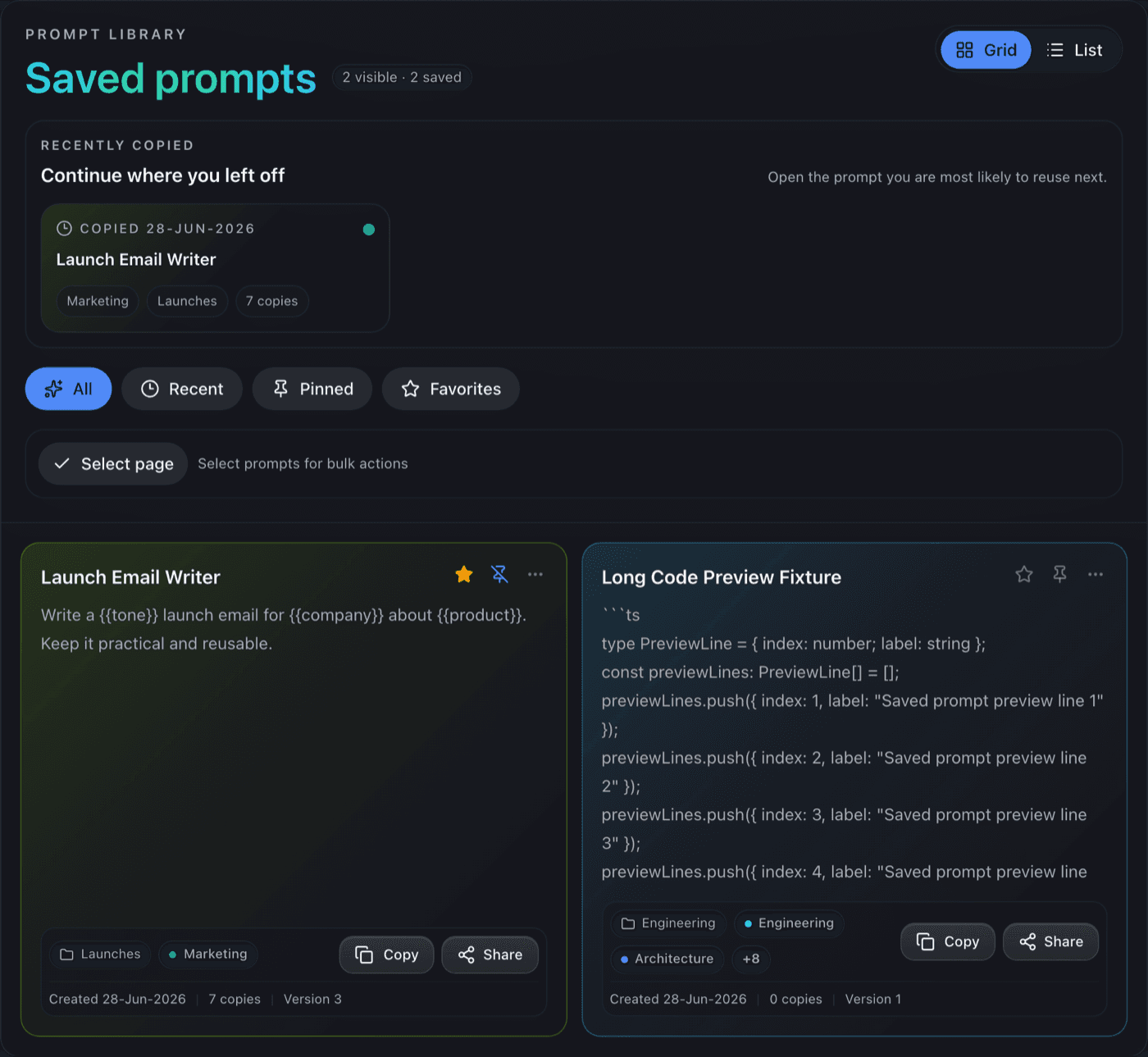 The Prompt library with Topic chips, colored tag chips, favorites and pinned Prompts