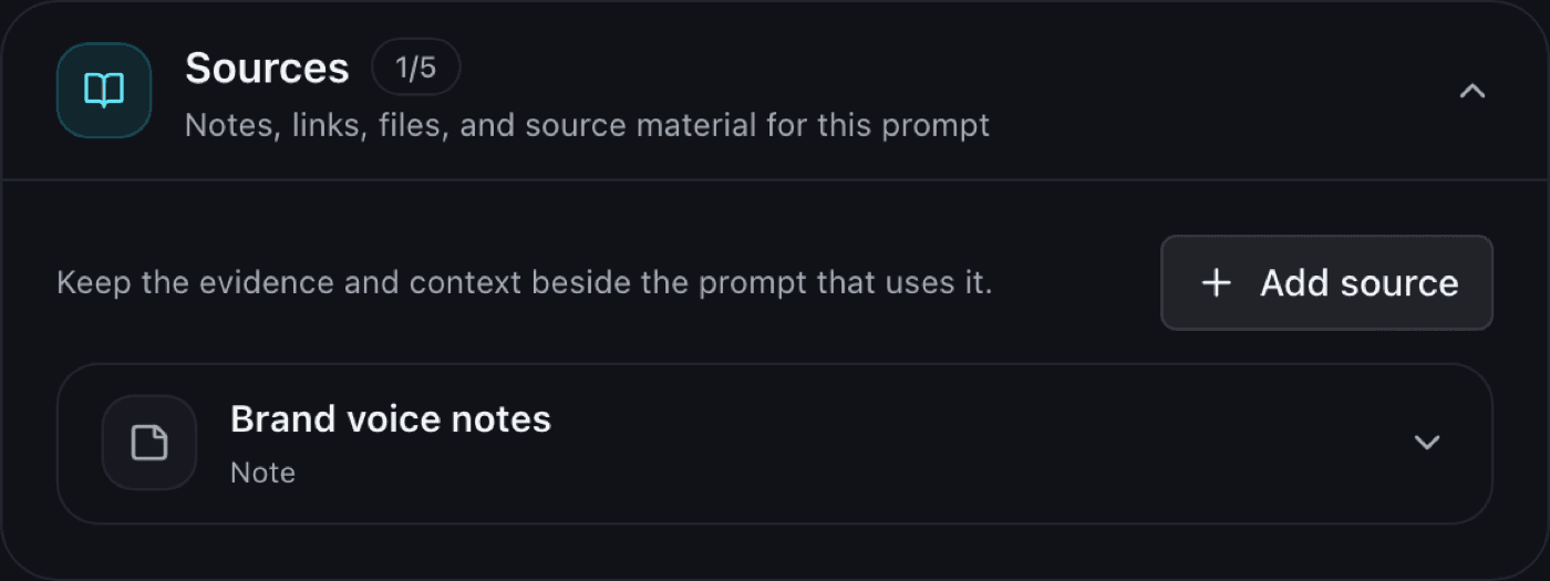The Sources panel on a saved prompt with an attached note and an Add source button
